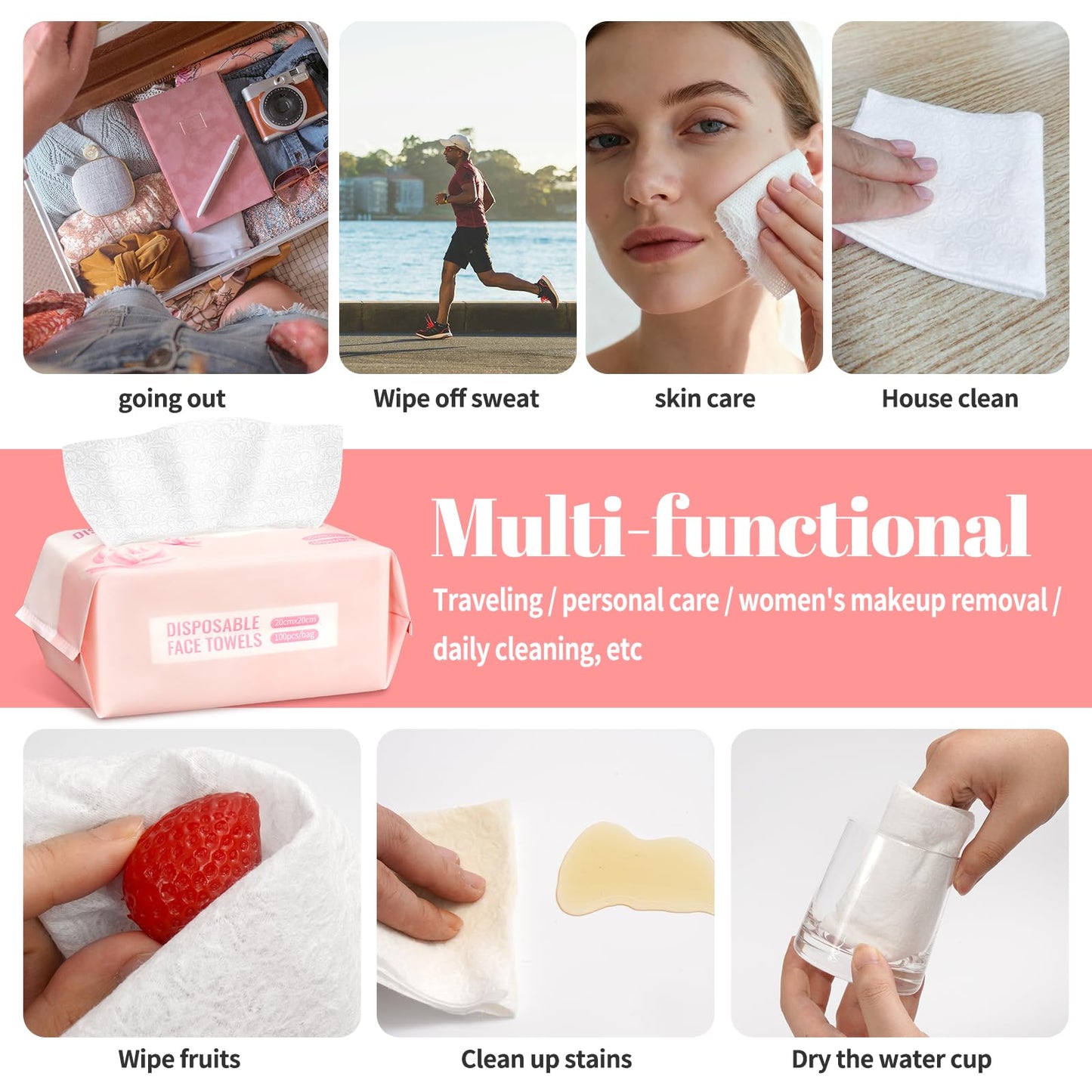 Face Towels Disposable, Clean Towels for Face, 7.8 Inch Soft Thick Lint-Free Disposable Face Towels, Makeup Remover Dry Wipes for Sensitive Skin, 100 Count