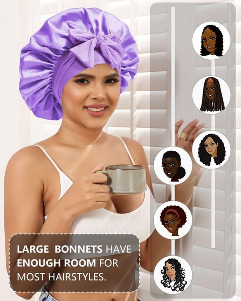 Satin Bonnet for Women Silk Bonnets for Sleeping Curly Hair Bonnet with Elastic Tie Band Reversible Double Layer Sleep Cap Hair Wrap (Pink + Purple)