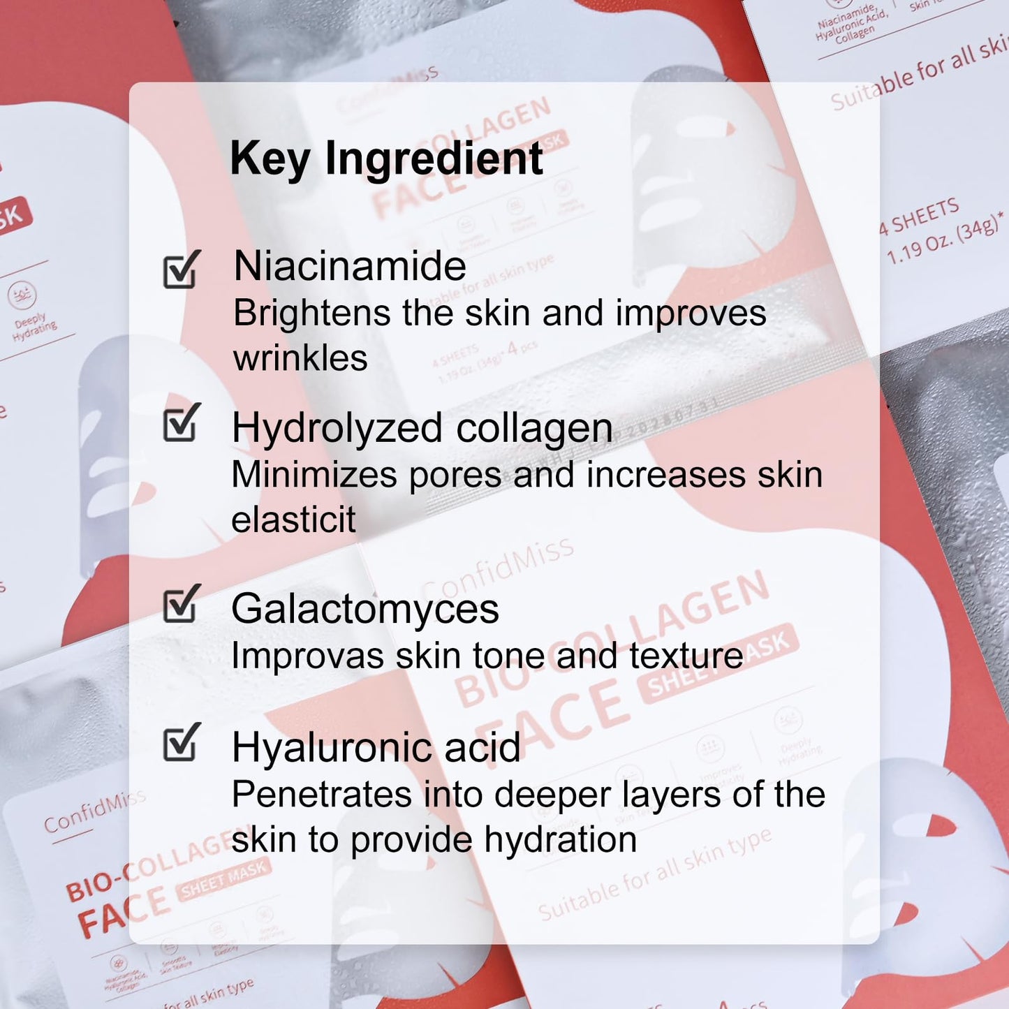 ConfidMiss Bio-Collagen Real Deep Face Mask,with Niacinamide Hyaluronic Acid Collagen Deeply Hydrating Brightening Anti-Aging Elasticity Improvement Overnight Facial Mask For Glass Glow Skin 4 Sheets