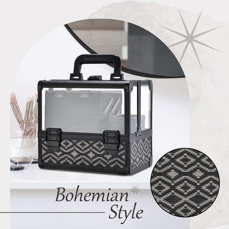 Joligrace Makeup Box 10 Inch Cosmetic Train Case with Clear Acrylic Shell Jewelry Organizer with 3 Tiers Trays, Mirror and Brush Holder Lockable Portable Travel Cosmetic Display Case Black Geometry