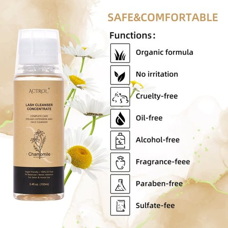 ACTROL Eyelash Cleanser Concentrate 100ml Chamomile Professional Lash Shampoo Foaming Cleanser Paraben & Sulfate Free Non-lrritating Wash for Extensions Lashes with Salon Home Care-Makes 20 Bottles