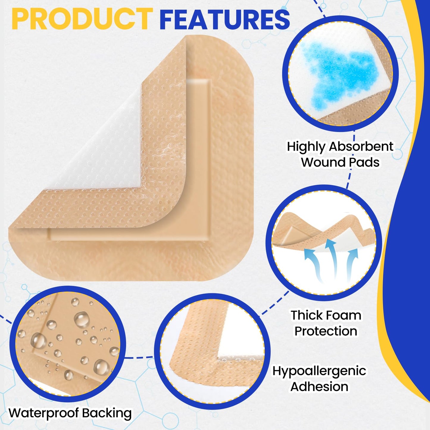 10 Pack Silicone Foam Dressing 4"x4" with Adhesive Border, High Absorbency Silicone Bandages, Waterproof Foam Bandages for Wounds Care, Bed Sore, Diabetic Foot Ulcers