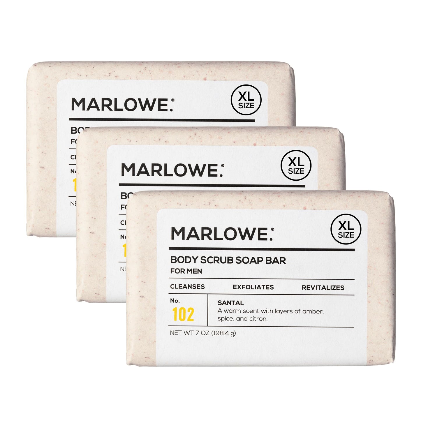 MARLOWE. Body Scrub Soap, Exfoliating Soap Bar, Santal, 7 oz (3 Bars)