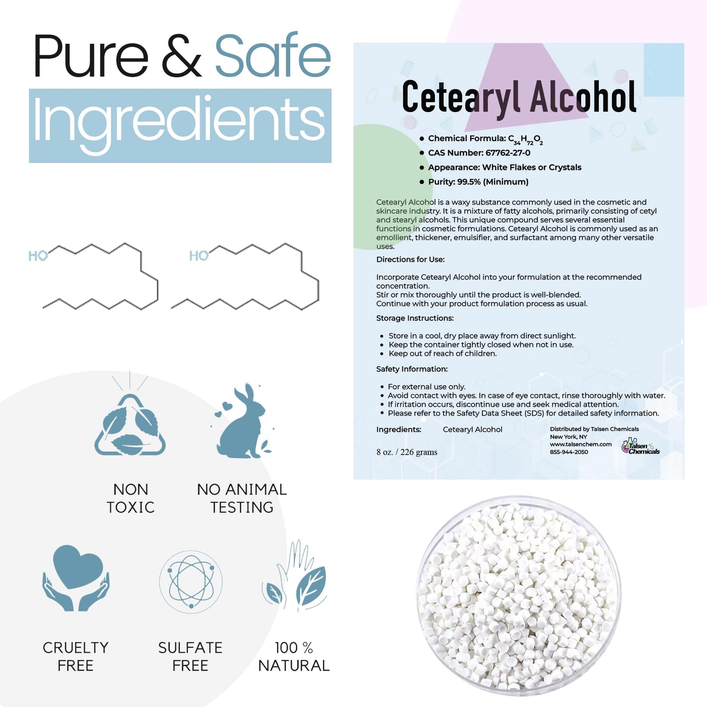 Cetearyl Alcohol Cosmetic Grade (2.2 lb / 1 kg) - Emulsifying Wax Organic for Body Butter, Cetearyl Alcohol Suitable for Making Conditioners, Scrubs and Creams by Talsen Chemicals