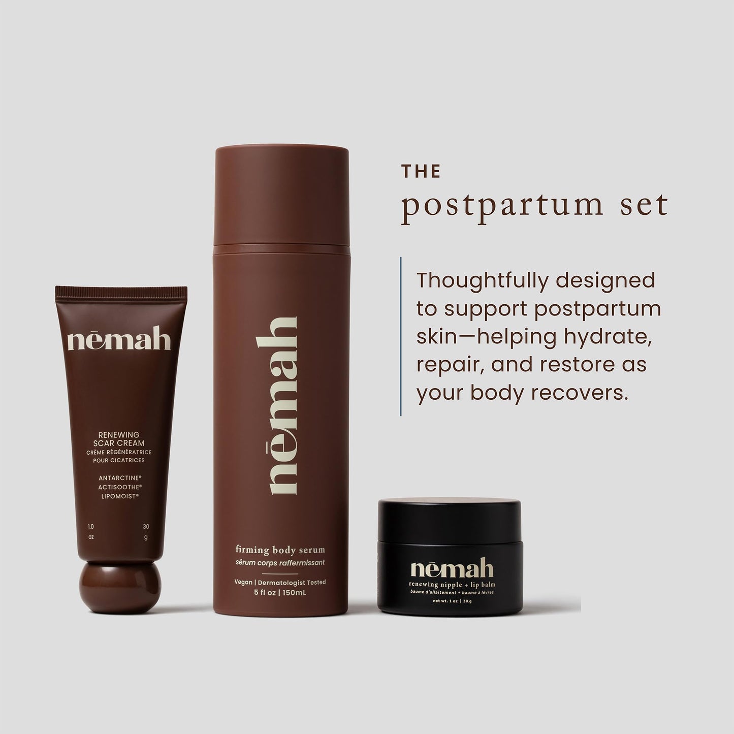 Nemah Postpartum Set, Restorative Scar Cream With Antarcticine, Nursing Nipple Balm With Calendula Jojoba Mango, Firming Body Serum With Oat Extract And Ashwagandha, 3 Step Routine
