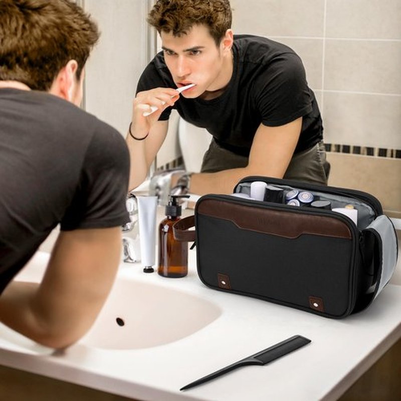 Wedama Toiletry Bag for Men, Large Hanging Travel Toiletry Bag, Extra Electronic Organizer Bag Waterproof Travel Bag for Toiletries with PU Handle for Travel Trips Swim Camping, Black&Brown