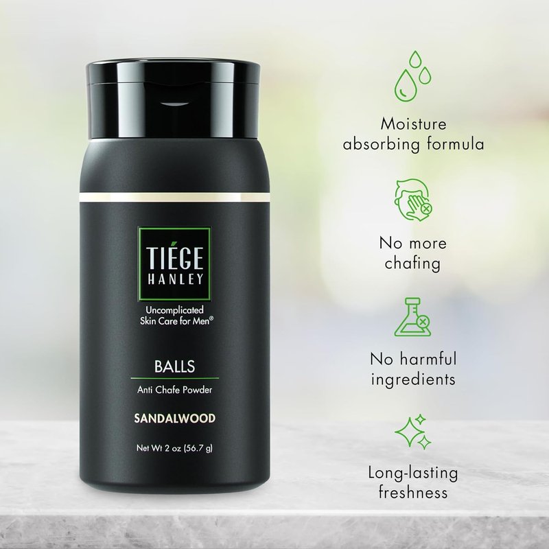 Tiege Hanley Anti-Chafe Powder for Men - Cooling Body Powder Deodorant | Sandalwood Scent, 2 Oz