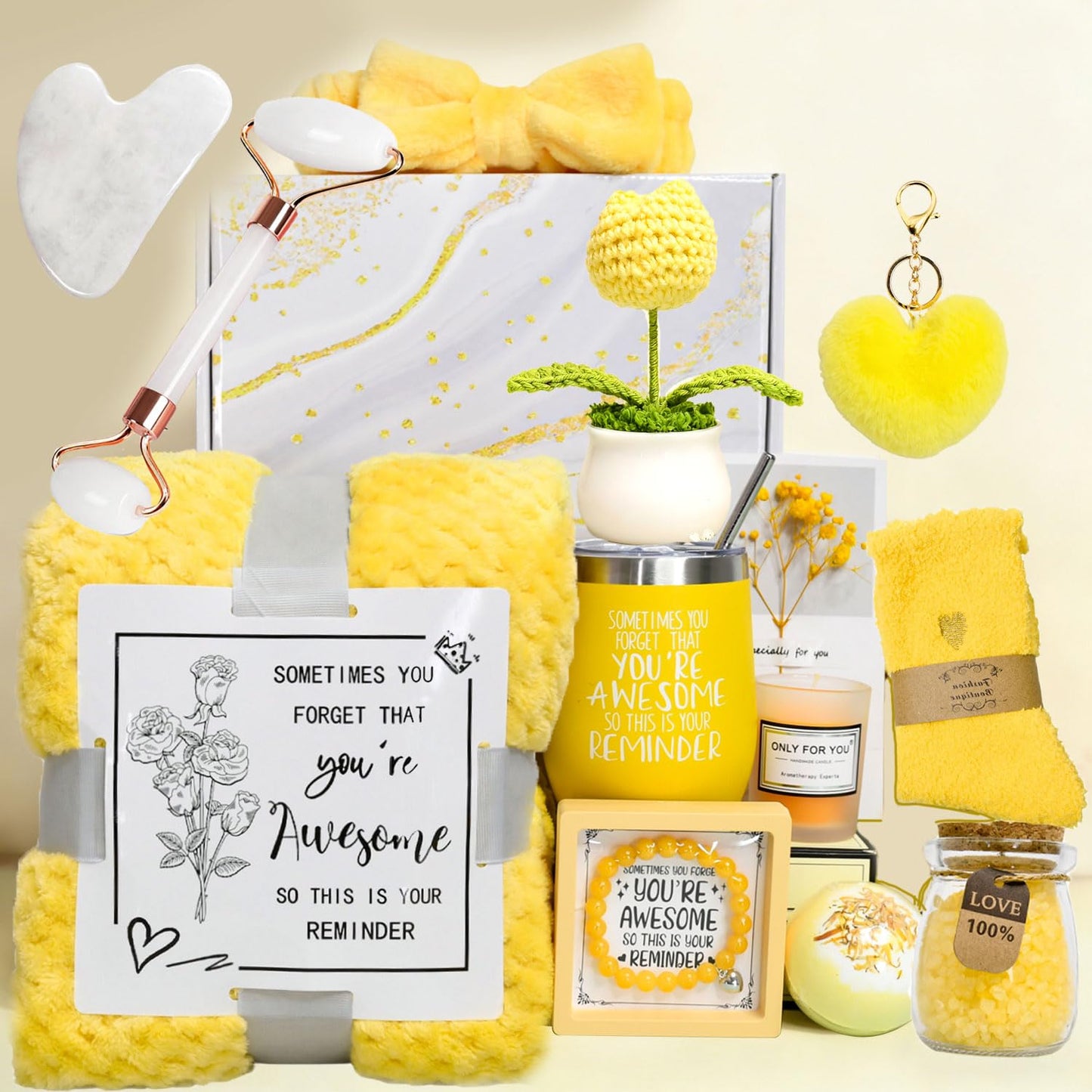 Self Care Gifts Baskets Women, 16PCS Get Well Soon Gift Box Relaxing Spa Set Care Package for Birthday, Valentines Day, Mothers Day, Christmas Gifts for Mom Girlfriend Sister Wife Grandma (Yellow)