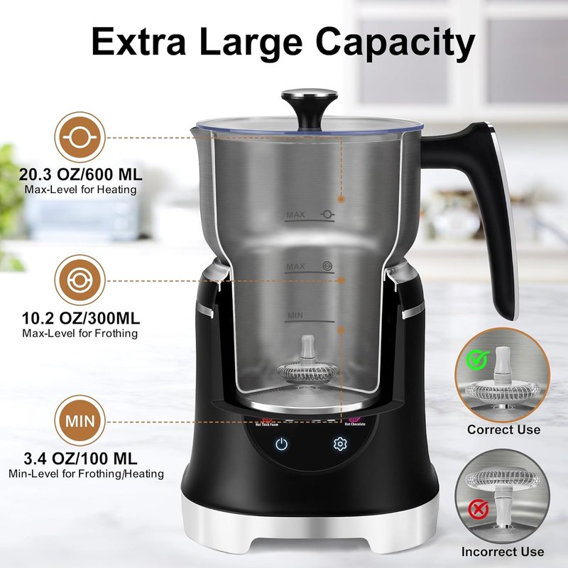 Electric Milk Frother - 7-in-1 Stainless Steel Steamer with Temperature Control | 20.3 OZ Hot & Cold Foam for Latte & Cocoa