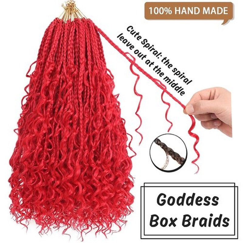 COOKOO 14 Inch Goddess Box Braids Crochet Hair With Curly Ends 8 Pack 3X Synthetic Bohomian Hippie Box Braids Crochet Hair Pre Looped Braiding Hair Extension for Black Women （Red#)