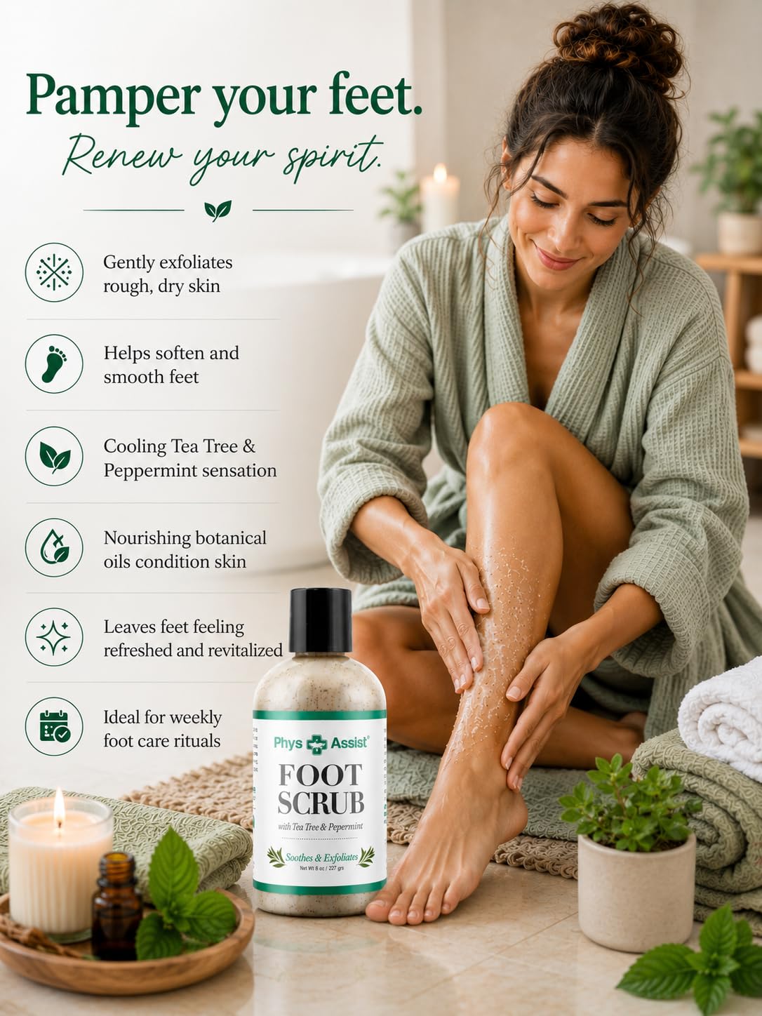 PhysAssist Foot Scrub – Exfoliating & Hydrating Foot Care Scrub for Dry, Rough Feet – Tea Tree, Peppermint & Apricot Seed Exfoliation – 8 oz Bottle