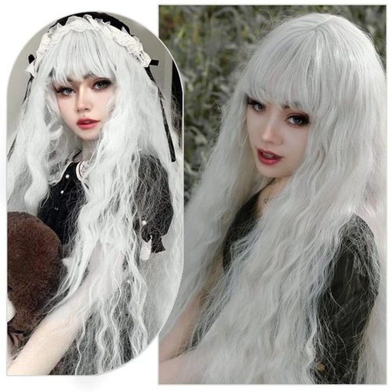 Aliesencia 40 Inch Long Wavy Wig Synthetic Wig with Bangs for Women White Cosplay Wig Long Wavy Bounce Fluffy Wig Natural Style Wig for Halloween Heat Resistant Wig for Party Daily Use(White)