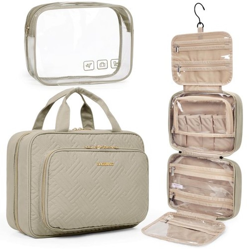 BAGSMART Toiletry Bag Hanging Travel Makeup Organizer with TSA Approved Transparent Cosmetic Bag Makeup Bag for Full Sized Toiletries, Large-Camel