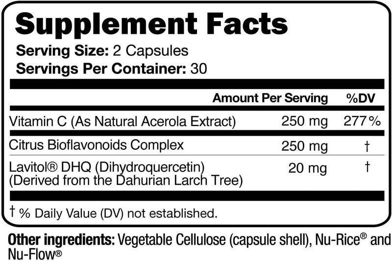 Natural Vitamin C from Acerola Cherry - Whole-Food Formula with Dihydroquercetin & Bioflavonoids | 250 mg, 60 Capsules