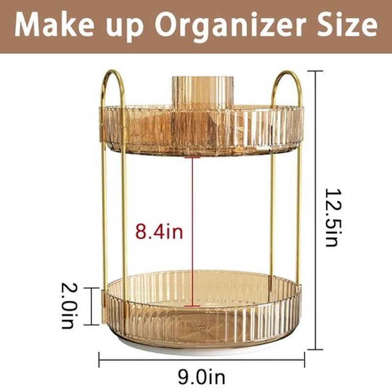 shuang qing 360° Rotating Makeup Organizer, High-Capacity Bathroom Countertop Vanity Organizers, 2 Tier Spinning Skincare Storage, for Perfume/Cosmetic/Makeup Brushes/Lotion（Gold）