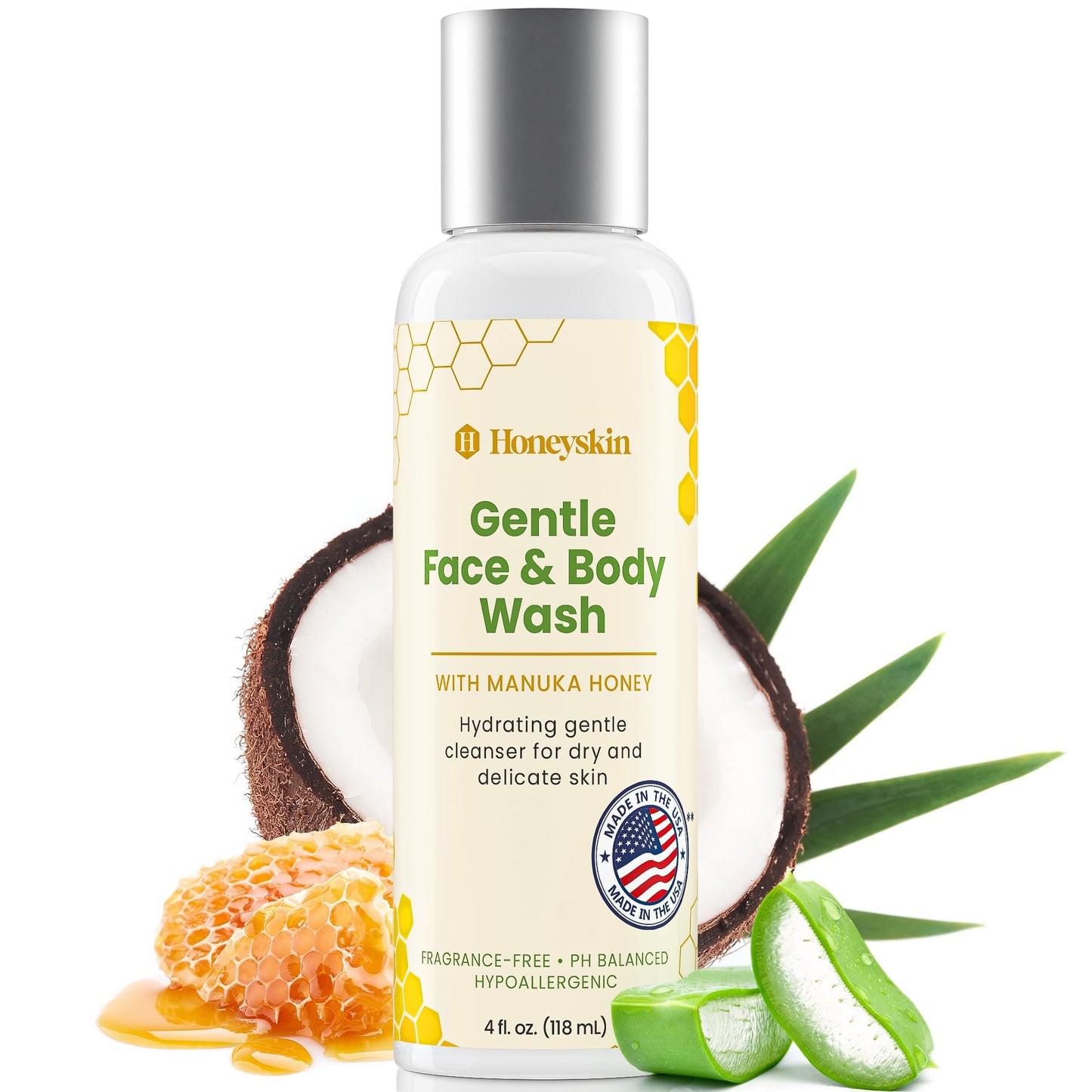 Honeyskin Face and Body Wash Moisturizer for Acne and Sensitive Skin Body Wash with Manuka Honey - Hydrating Facial Cleanser for Dry and Sensitive Skin and Anti-Aging Skincare for Men and Women (4oz)