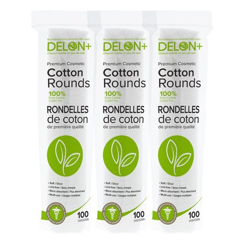 DELON Premium Cosmetic Cotton Rounds, 100 Count (Pack of 3)