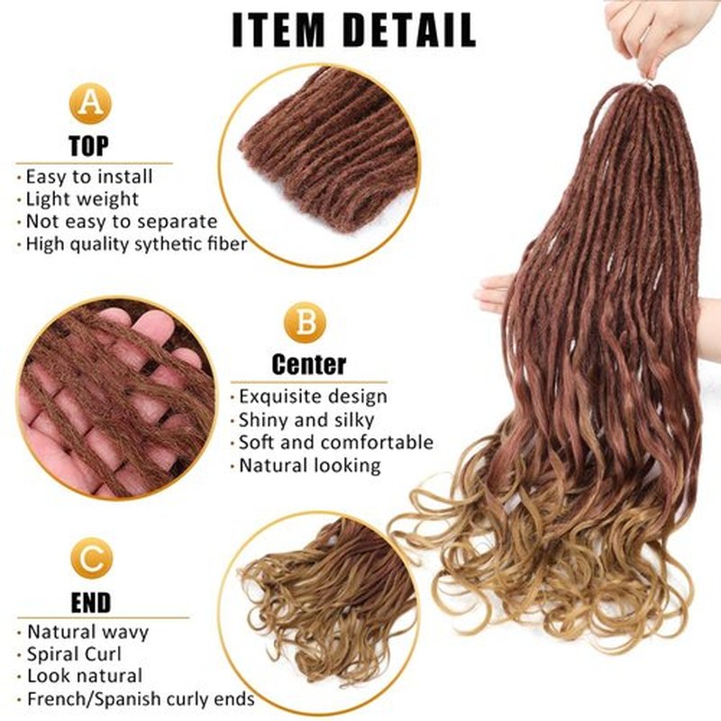 Aguacor Loose Wave Dreadlocks Synthetic French Curly Double Ended Dreadlock Extensions 24inches 10 Strands Thin Soft Red Brown to Brown Spanish Curly DE Dreadlock Extension for Women (10 Strands, R27)