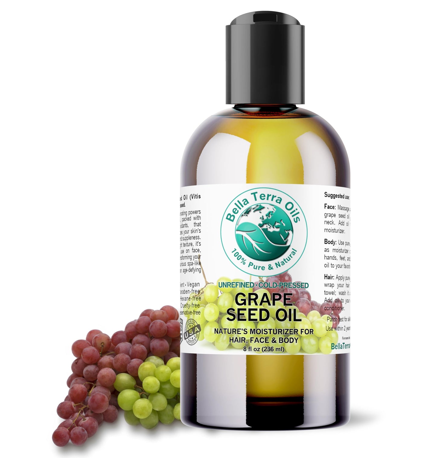 Bella Terra Oils - Natural Grape Seed Oil 8 oz - Dive into Natural Grape's Nutritional Power, Packed with Antioxidants & Omega-6, Elevate Your Skin Care Essence