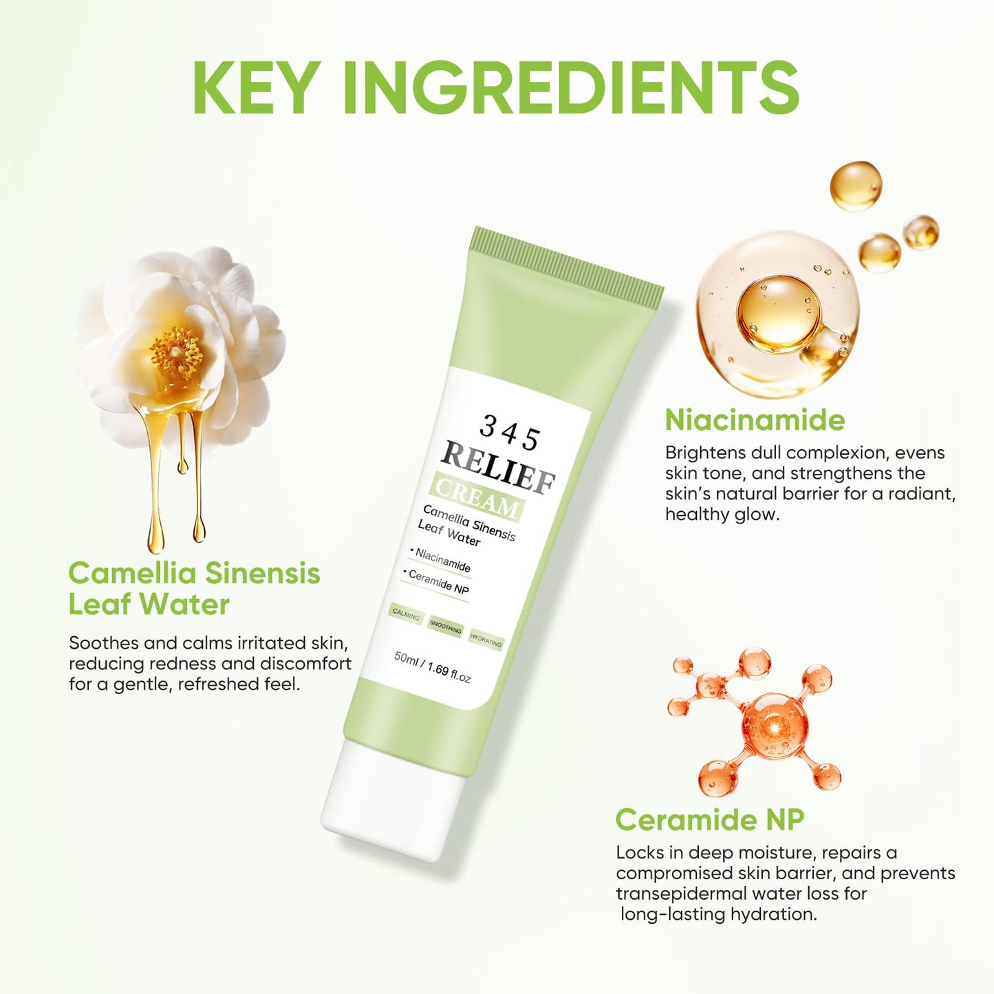AOPEIBOTO 345 Relief Face Cream, Daily Moisturizer for Skin Soothing Recovery and Blemish Care with Niacinamide & Hyaluronic Acid, 1.69 Fl Oz