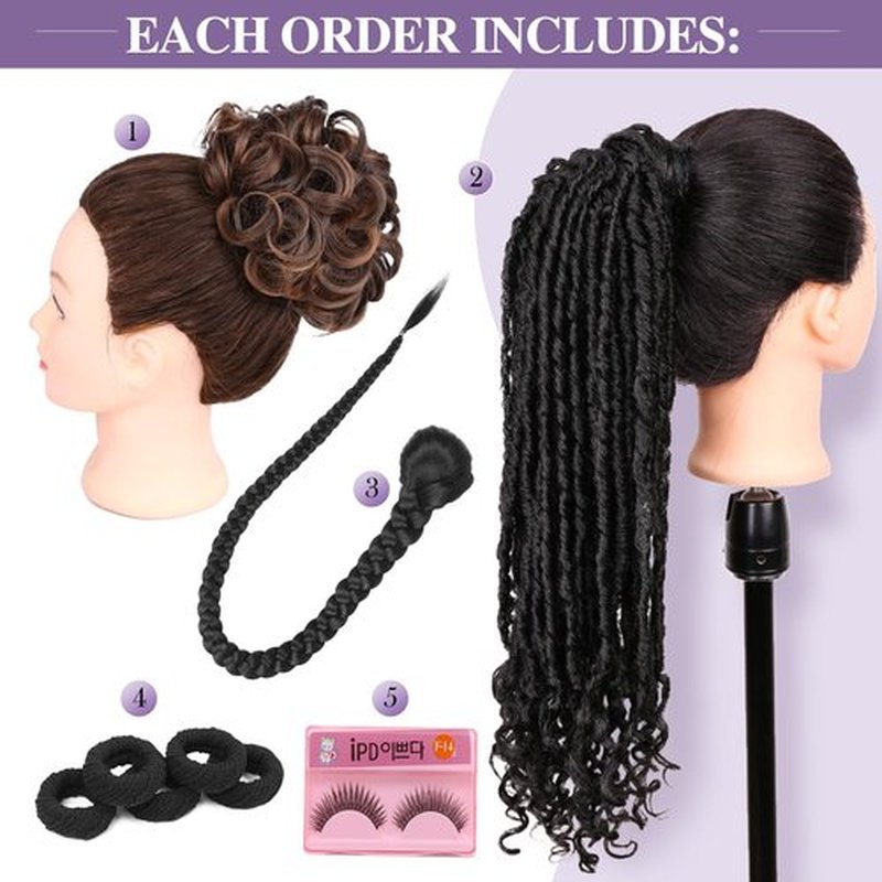 WIGER Natural Black 1B Coily Twisted Locs Ponytail + Drawstring DIY Pre Braided Ponytail + Ombre Brown Messy Updo Hair Bun 3 in 1 Hairpieces Kit for Women