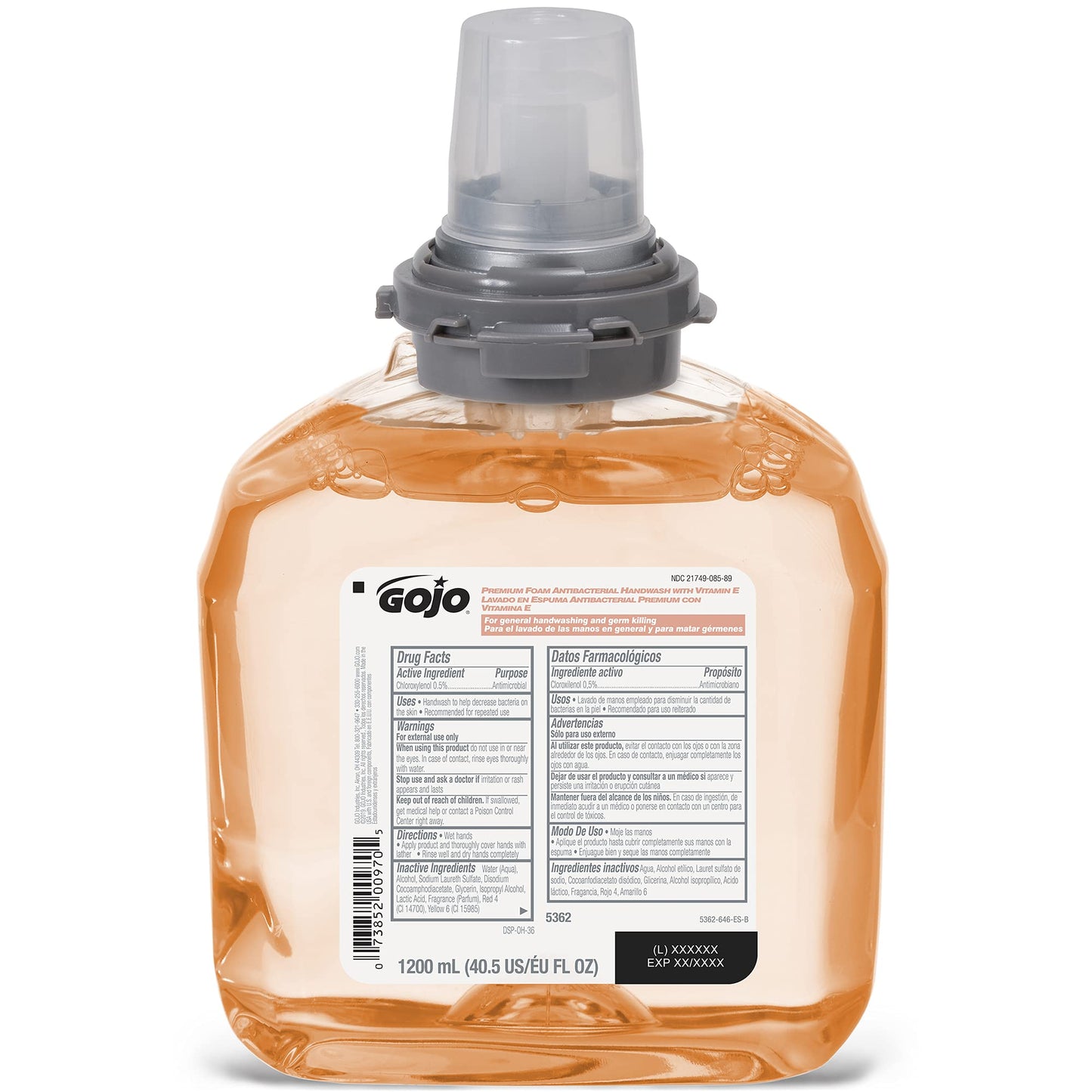 GOJO Premium Foam Antibacterial Handwash, Fresh Fruit Scent, TFX Starter Kit, 1-1200 mL Foam Hand Soap Refill + 1 TFX Dove Grey Touch-Free Soap Dispenser - 5362-D1