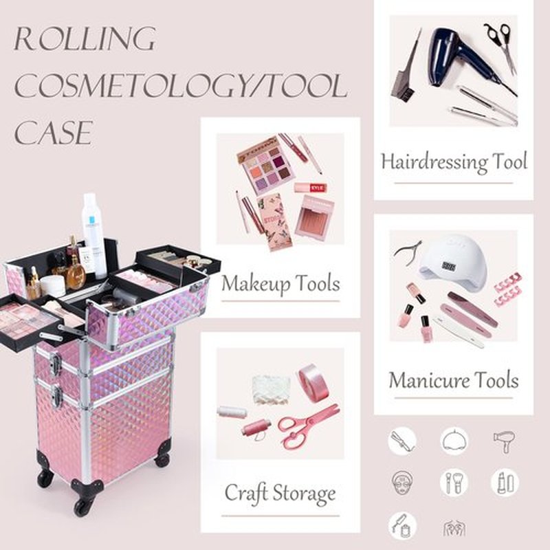 Adazzo 3 in 1 Professional Rolling Makeup Train Case Aluminum Trolley Case with 360° Rotation Wheels for Makuep Artist Cosmetic Suitcase Organizer with Lock and Key Diamond Pattern - Pink