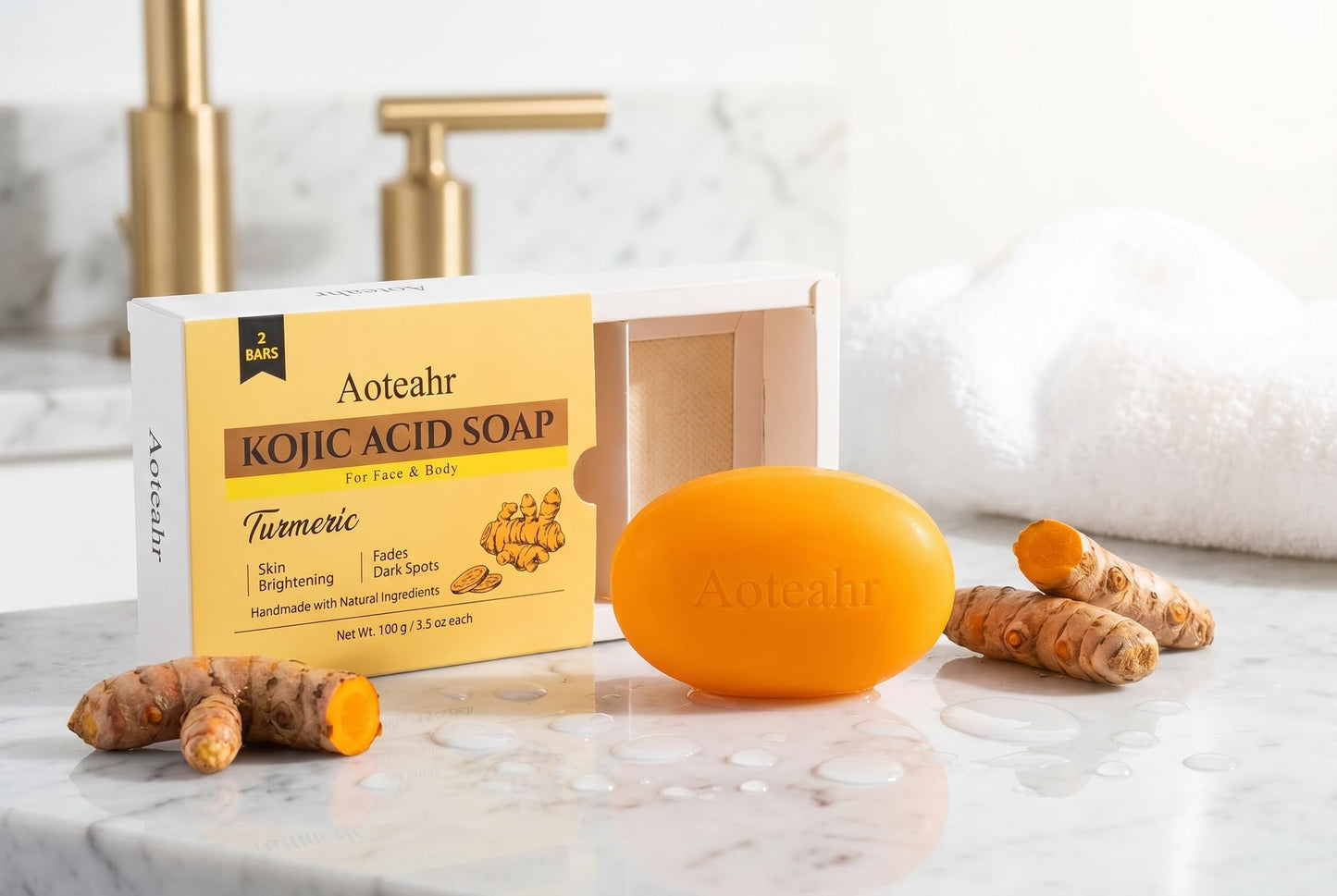 Aoteahr Kojic Acid Soap with Turmeric for Face & Body, Gentle Brightening Cleansing Bar, 3.5 oz Each, 2-Pack