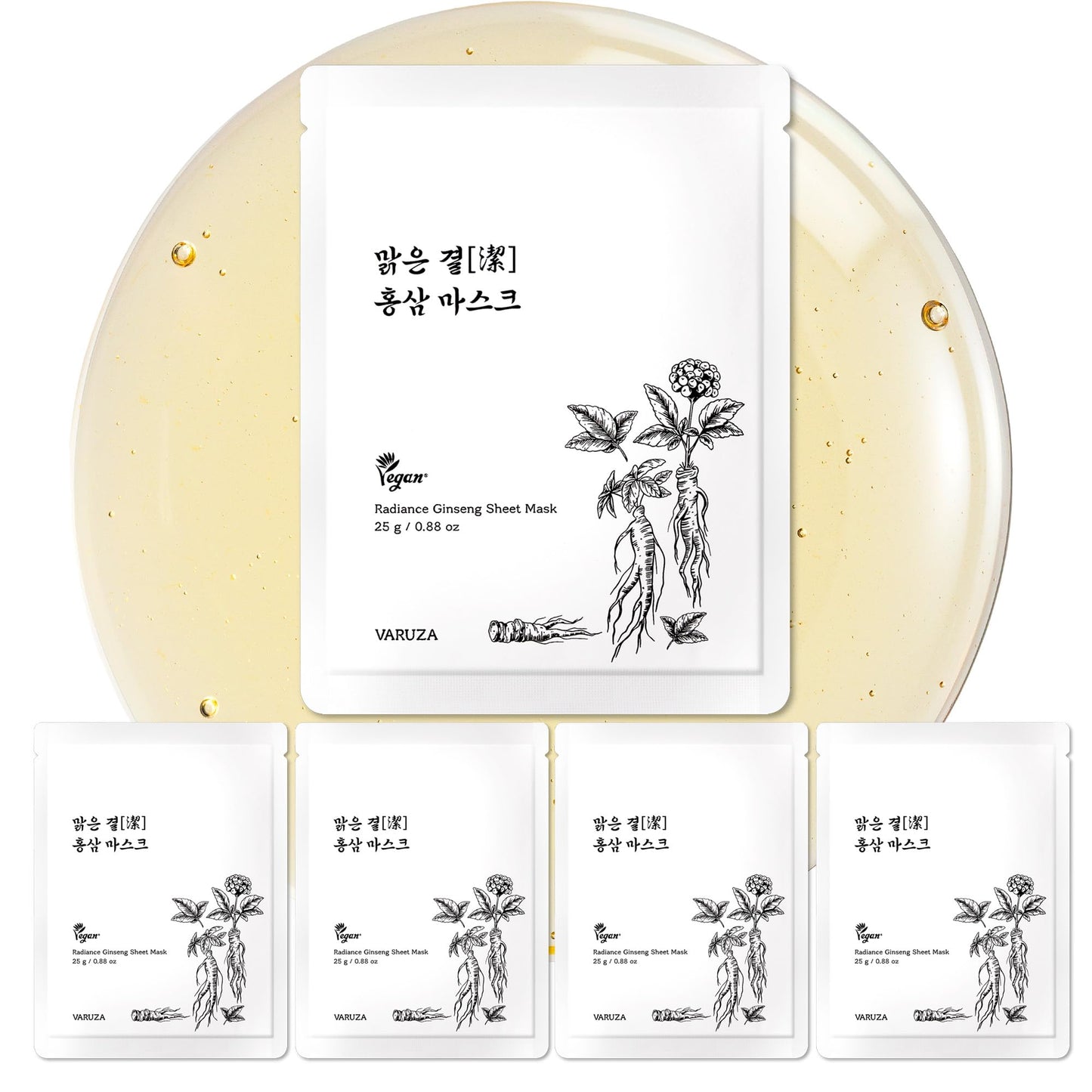 varuza Radiance Ginseng Sheet Masks - Hydrating Face Masks for Healthy and Strengthening Skin Barrier - Vegan, Cruelty Free Korean Face Mask