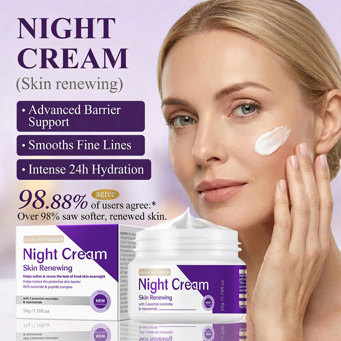 Skin Renewing Night Cream Face Moisturizer with Niacinamide, Peptide Complex, Hyaluronic Acid & Ceramides | Visibly Reduces Fine Lines & Enhances Skin Elasticity | For All Skin Types, 1.76 fl.oz