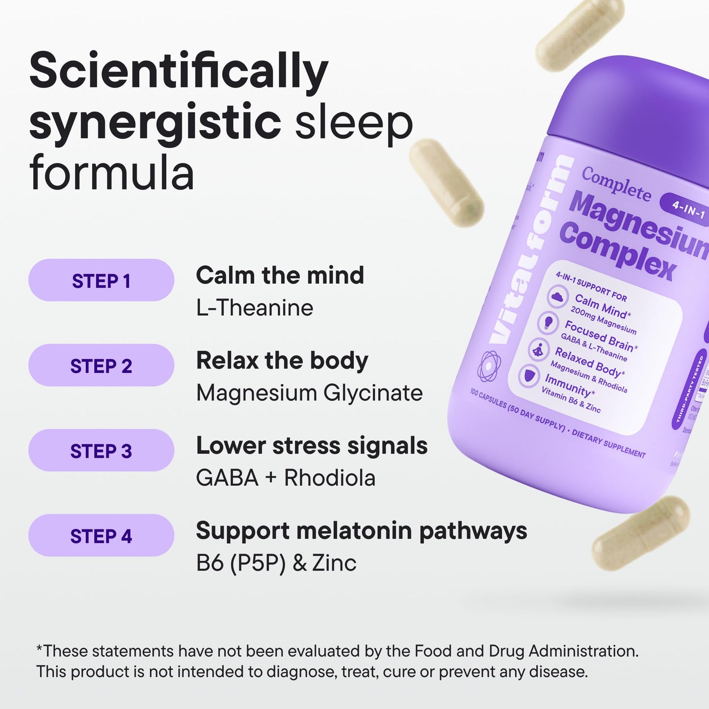 VitalForm Magnesium Glycinate Sleep Complex – Non-Habit Forming Support with L-Theanine, GABA, Zinc & Rhodiola – Promotes Relaxation, Calm & Muscle Recovery – Non-Melatonin – 100 Capsules