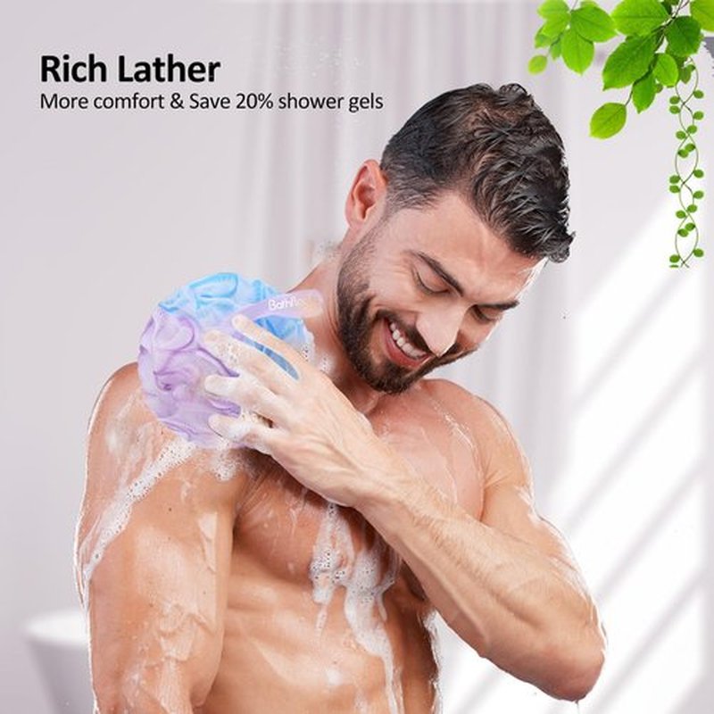 Bathflor Loofah Sponge, 6-in-1 Loofahs for Men Women, 80g Large Shower Loofah Exfoliating Body Scrubber, 4 Bath Sponge Loofa Packs, 1 Loofah with Handle Body Wash Back Scrubber, 1 Luffa Hook, Colors
