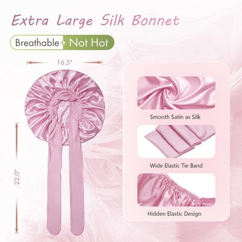 BONNET QUEEN Large Silk Sleeping Bonnet Satin Adjustable Big Bonnet for Curly Hair Braids Night Hat Cap Wrap with Tie Band Rose