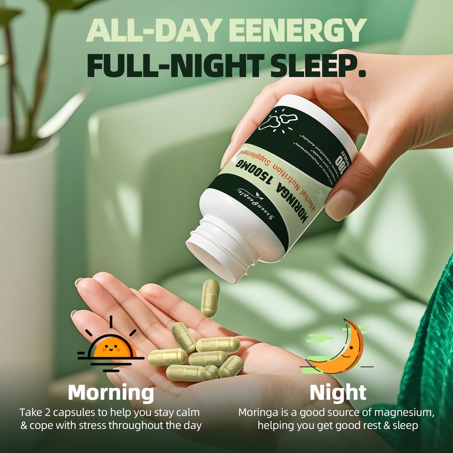 GREENPEOPLE Whole-Leaf Moringa Capsules 1500mg - High Potency 10:1 Moringa Oleifera Leaf Extract - Natural Green Superfood for Energy & Immune Support - Vegan, Non-GMO, Caffeine Free - 180 Count