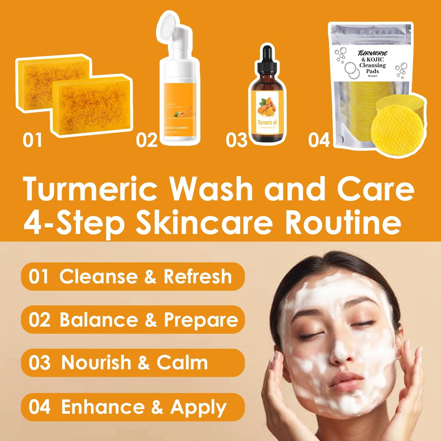 Turmeric Wash and Care Kit – Turmeric Face Wash with Brush, Exfoliating Facial Pads, Turmeric Oil and Cleansing Soap Bars– Jabon de Curcuma, Natural Skincare for Face & Body (4PC Set, Count, 4)