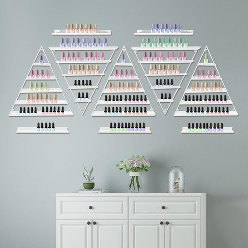 LEYSRIS Wall-Mounted Nail Polish Rack, Set of 10 Triangular White Nail Polish Shelf Lipstick Perfume Cosmetic Display Shelf for Home Spa Nail Salon Shop