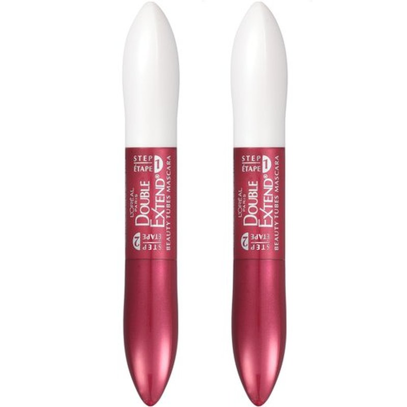 L'Oreal Paris Makeup Double Extend Tubing Mascara, Lengthening 2 Step Mascara, Smudgeproof, Black, Pack of 2