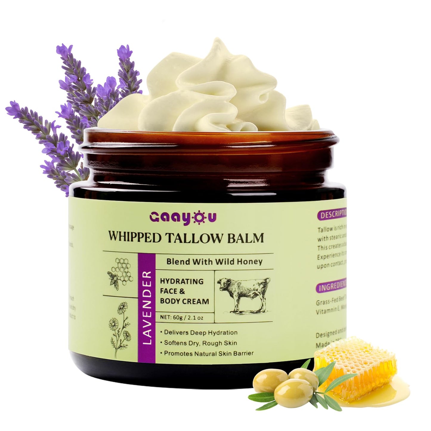 Whipped Beef Tallow for Skin Organic Grass Fed Beef Tallow, Tallow and Honey Balm with Lavender for Face & Body Natural Tallow Face Moisturizer Deep Hydration