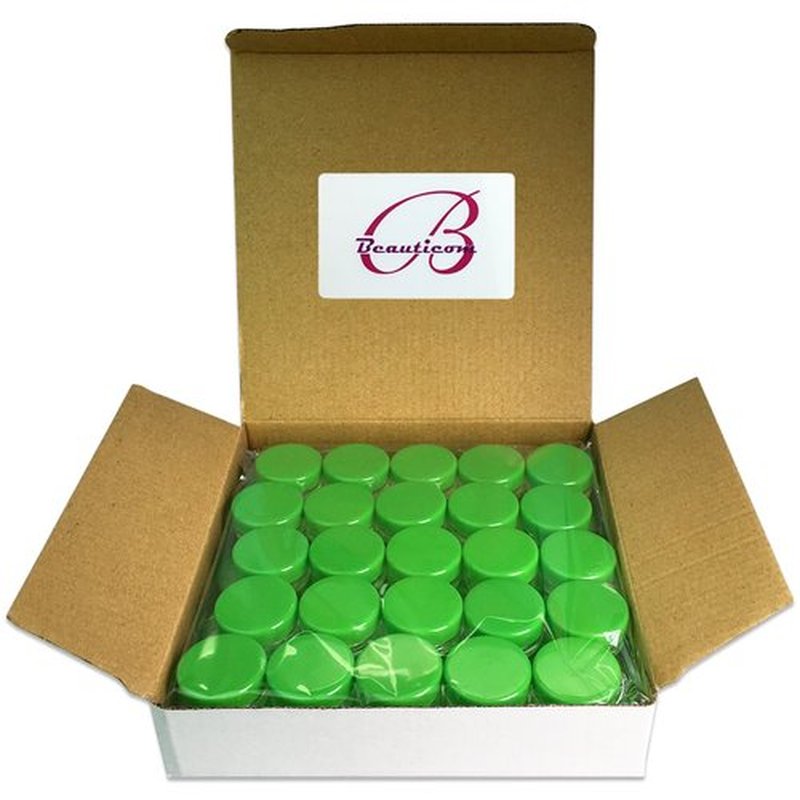 Beauticom 3g/3ml (0.1 Fl Oz) Round Clear Plastic Jars with Round Top Lids for Creams, Lotions, Make Up, Powders, Glitters, and more... (Color: Green Lid Quantity: 50 Pieces)