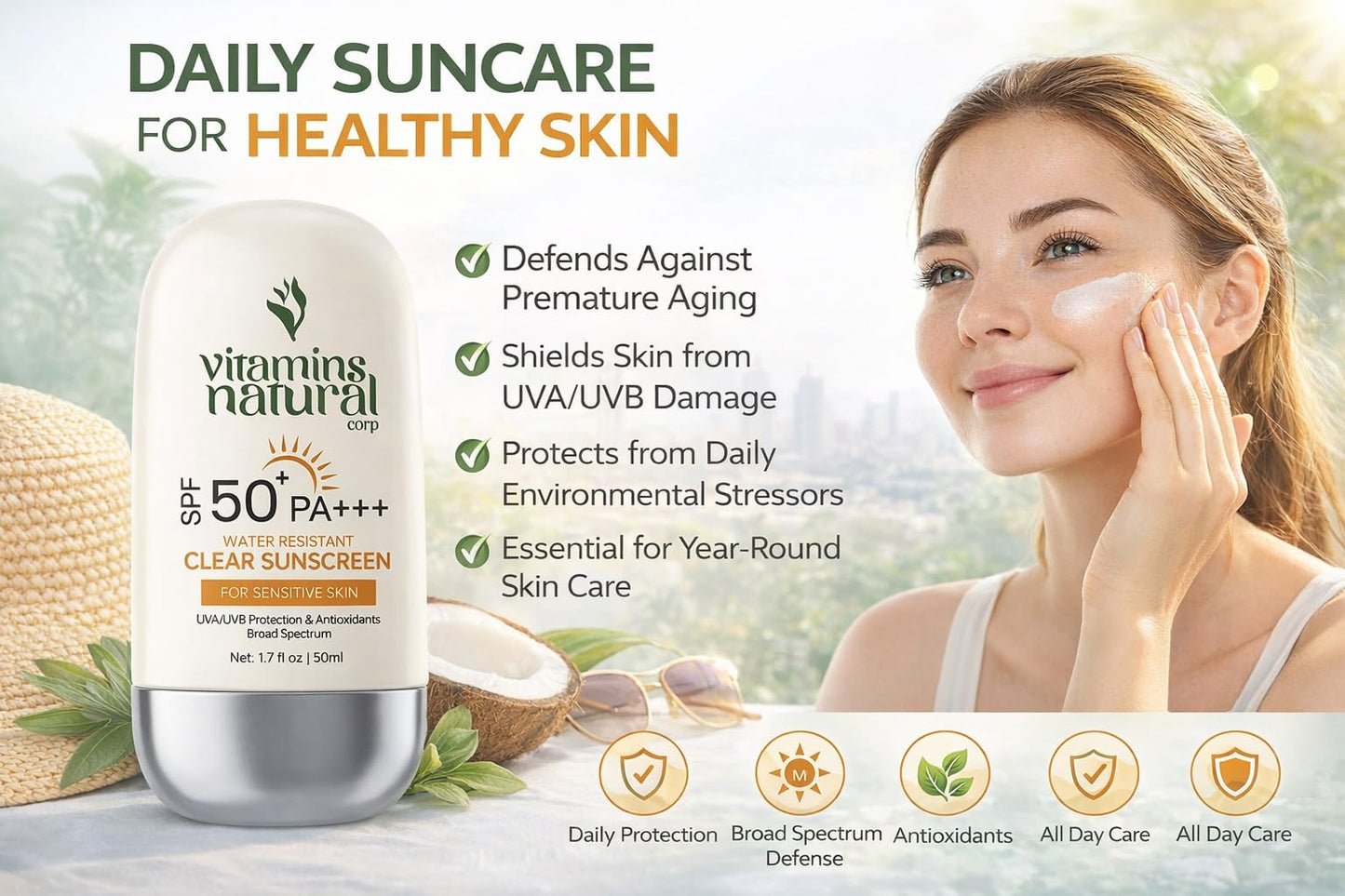 VITAMINS NATURAL CORP Sunscreen SPF 50 Face Cream Broad Spectrum UVA UVB Protection Lightweight Non Greasy Oil and Fragrance Free Water Resistant Facial Sunscreen 1.7 Oz
