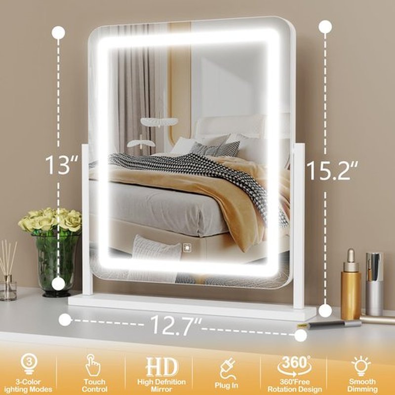 Gvnkvn Makeup Vanity Mirror with Lights 15.2" Large LED Lighted Mirror, Hollywood Make Up Mirror with Lighting for Bedroom Tabletop, Smart Touch, Detachable 10X Magnification 360° Rotation, (Black)