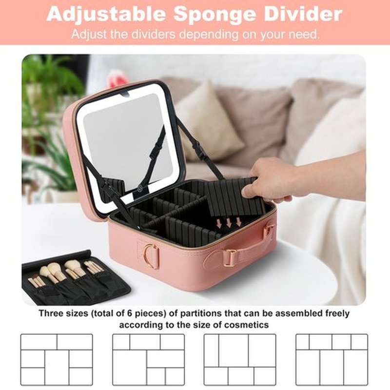 Mocado Travel Makeup Bag with LED Lighted Mirror, Travel Makeup Organizer, Makeup Case with 8 Makeup Brushes and 10x Magnifying Mirror, 3 Color Lighting, Adjustable Divider Makeup Box(Pink Lozenge)