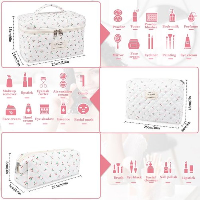 3PC Quilted Makeup Bag, Large Floral Makeup Bags for Women, Cute Cotton Cosmetic Bag Set, Flower Travel Toiletry Organizer Bags (white cherry)