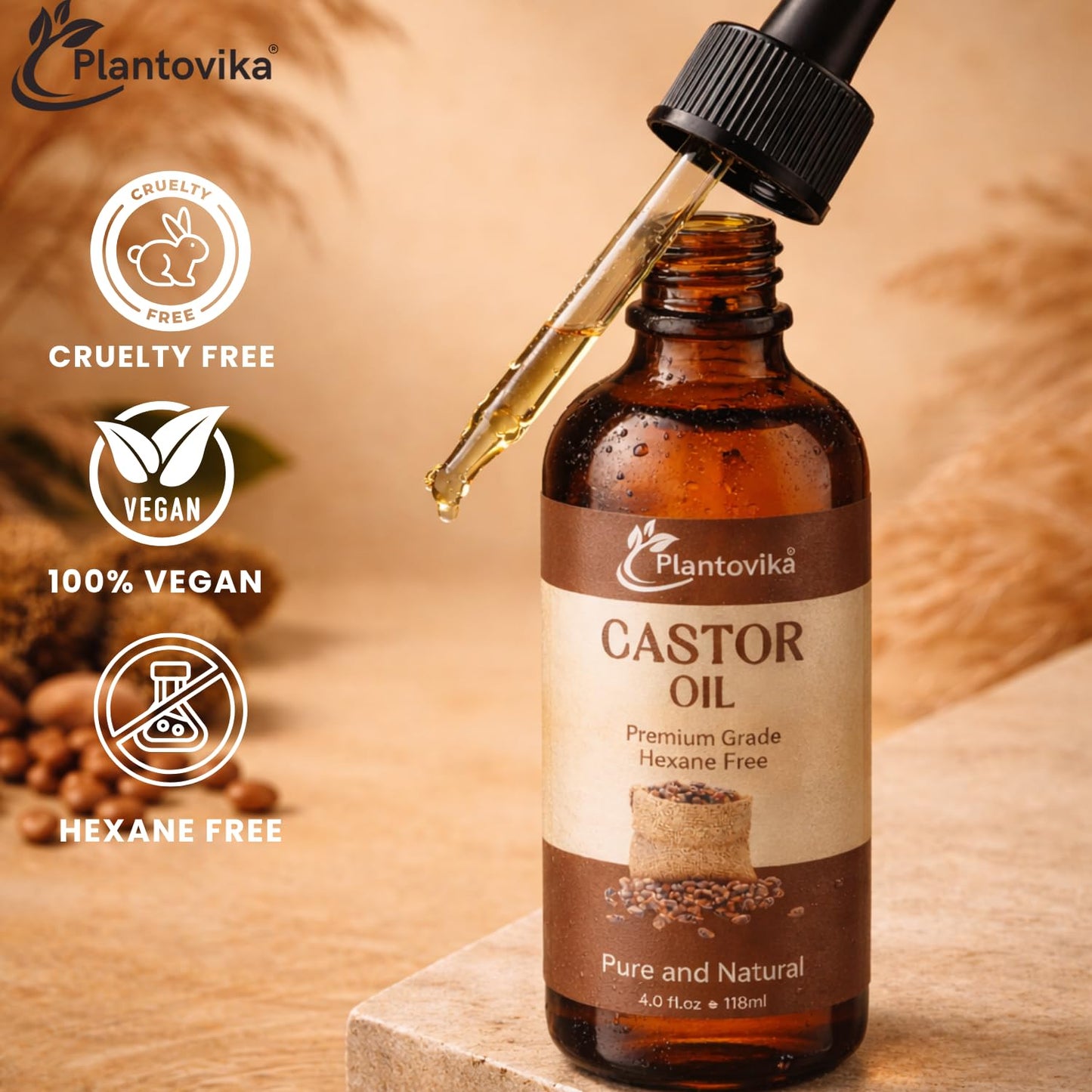 Plantovika Castor Oil for Hair, Eyelashes & Eyebrows – 100% Pure Cold-Pressed Castor Oil with Vitamin E, Moisturizing Oil for Hair, Scalp, Lashes & Skin (4 Fl Oz)