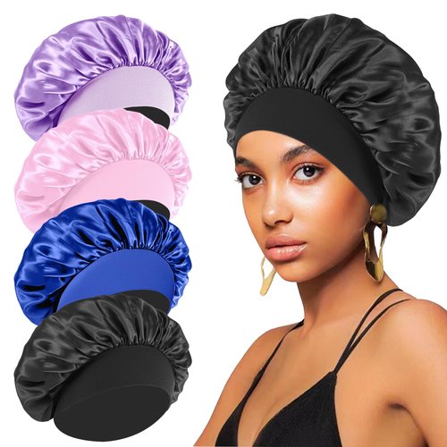 4PCS Silk Bonnet for Sleeping - Hair Satin Bonnets for Black Women Men,Hair Wrap Cap for Curly Hair,Elastic Wide Band Hair Bonnet Shower Cap for Sleeping (Black & Sapphire Blue & Pink & Purple)