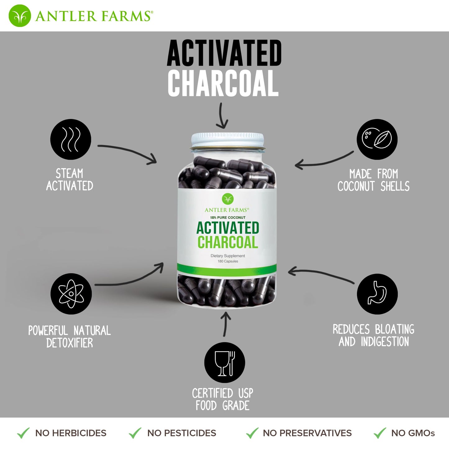 Antler Farms - 100% Pure Coconut Activated Charcoal, 180 Capsules 260mg - Wild Harvested, Virgin Coconut Shell, USP Food Grade, Steam Activated, Ultra Fine