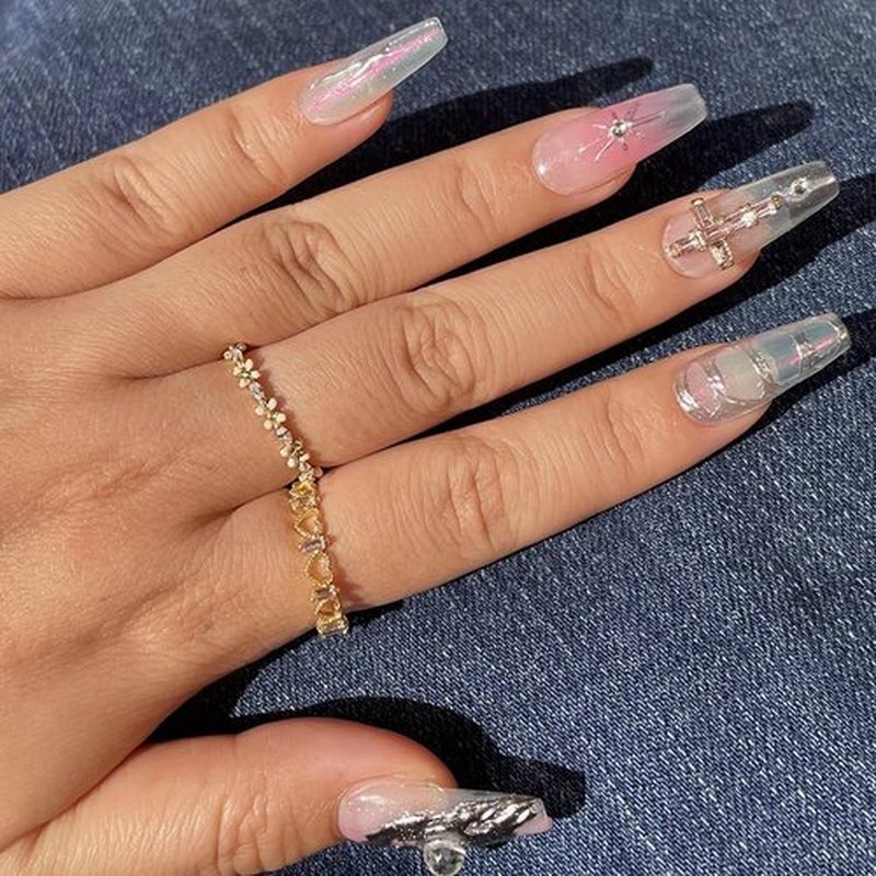 GlimightyX 3D Handmade Press On Nails Medium, Y2K Cyber Pink Chrome Press On Nails with Nail Glue, Reusable UV Gel Cured Sturdier Fake Nails, Size S 10 Nail Kit,Baby Chrome