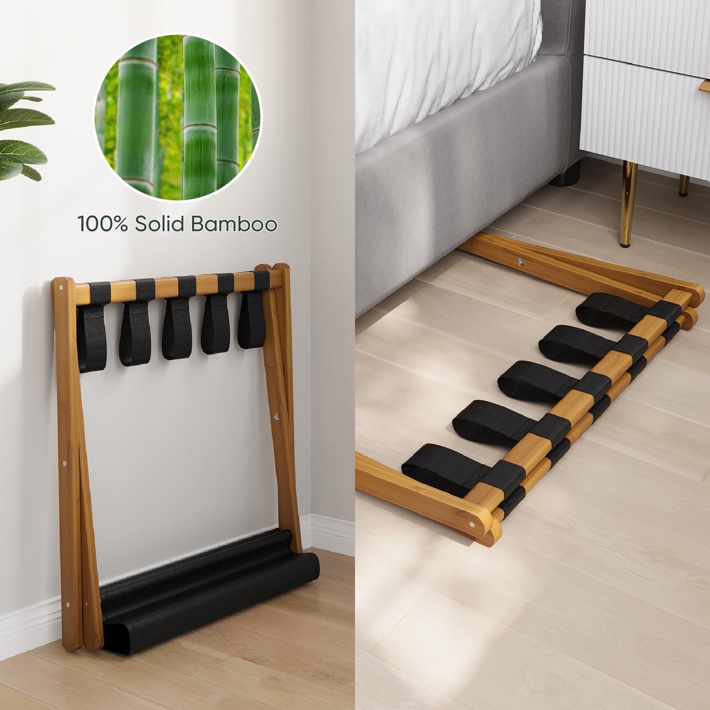 Smart FENDEE 2 Pack Luggage Rack, Folding Luggage Rack for Guest Room, Walnut Bamboo Suitcase Stand Holds up to 131 lb, Luggage Stand with Storage Shelf for Hotel, Bedroom