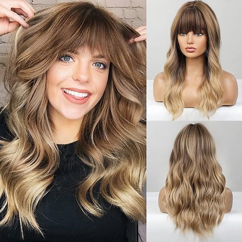 FORCUTEU Ombre Blonde Wig With Bangs Long Wavy Blonde Wigs for Women Heat Resistant Blonde Wigs for Daily Party Cosplay Use(22inch, Ombre Blonde)