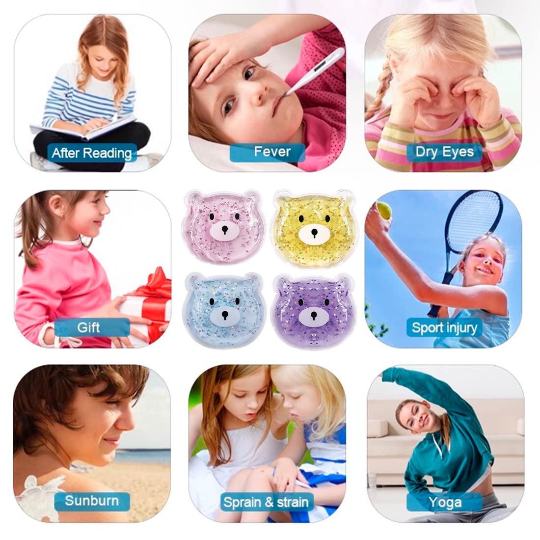 Boo Boo Hot Cold Ice Packs for Pain Relief, Lunch Bags Ice Packs, Reusable Gel Ice Pack for Kids Injuries, Fever, Wisdom Teeth, Tired Eyes, Headaches (4 Bear Gel Ice Packs)